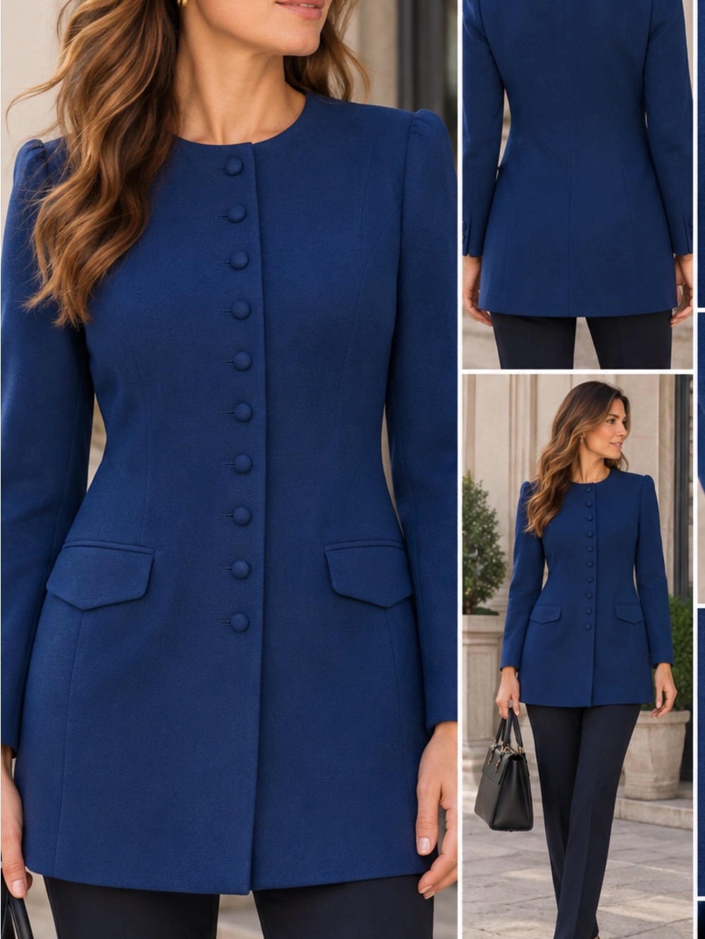 Adolfo Navy Button-Front Long Blazer Jacket 100% wool